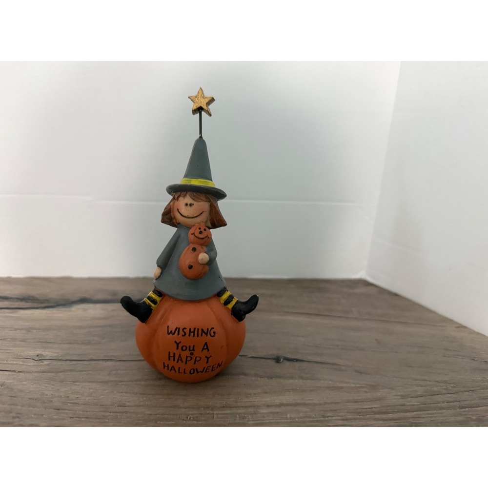 Halloween Witch on Pumpkin Figurine Wishing You A Happy Halloween Decor 5"